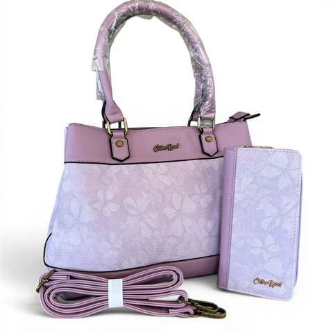 Cotton Road lilac floral PU leather handbag and matching wallet set with gold-tone hardware and multiple compartments