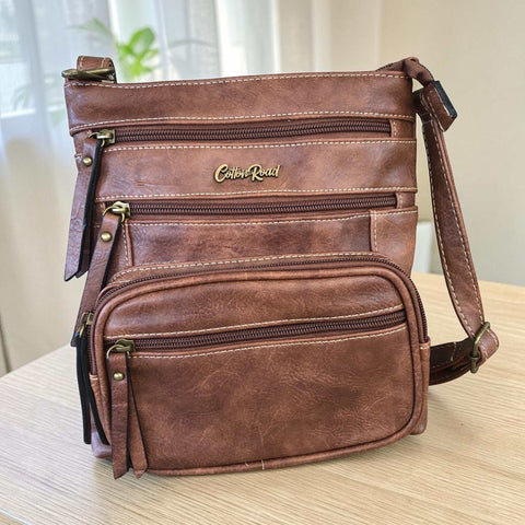 Cotton Road Sling Bag: Brown PU Leather Multi-Zip Crossbody Bag