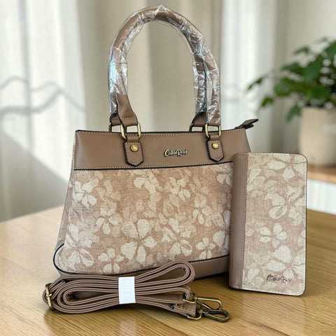 Cotton Road Handbag khaki floral PU leather with matching wallet set and gold-tone hardware