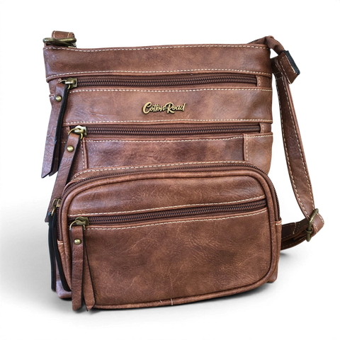 Cotton Road Sling Bag: Brown PU Leather Multi-Zip Crossbody Bag