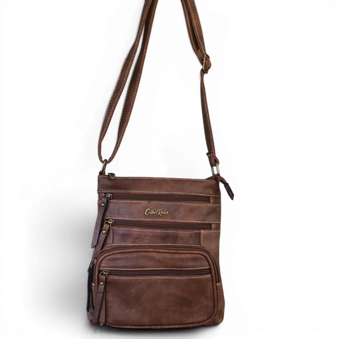 Cotton Road Sling Bag: Brown PU Leather Multi-Zip Crossbody Bag