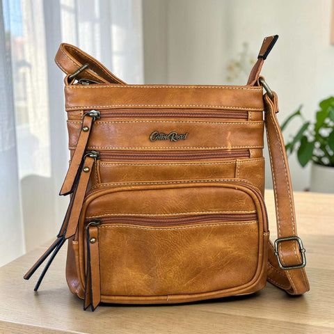 Cotton Road Sling Bag: YELLOW PU Leather Multi-Zip Crossbody Bag