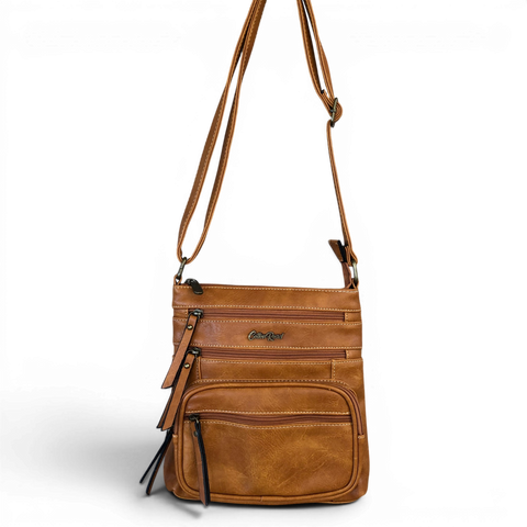 Cotton Road Sling Bag: YELLOW PU Leather Multi-Zip Crossbody Bag