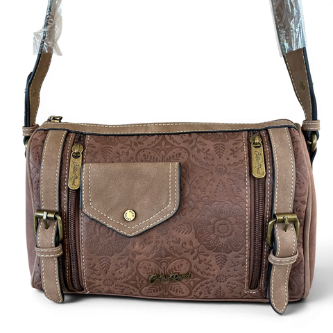 Cotton Road brown PU leather sling bag with branded strap and embossed floral design