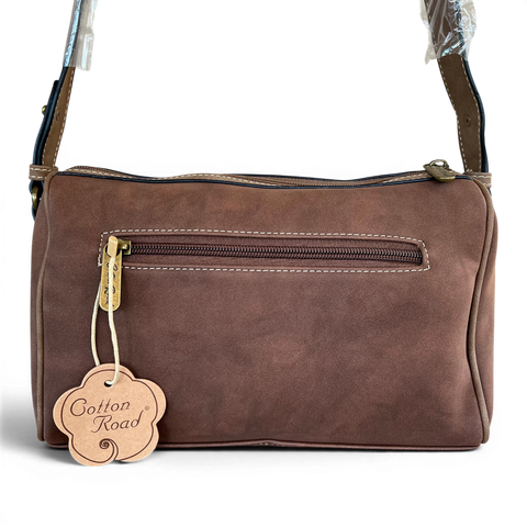 Cotton Road brown PU leather sling bag with embossed floral pattern and branded strap