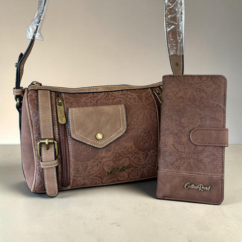 Cotton Road Sling Bag in brown embossed PU leather with branded strap and matching wallet set