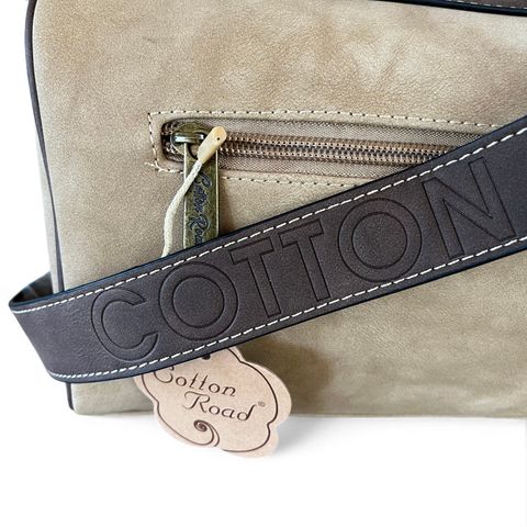 Cotton Road Khaki PU Leather Sling Bag with branded strap and antique brass hardware