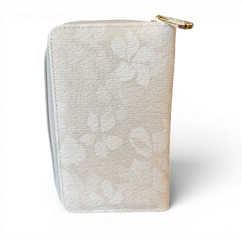 Cotton Road Wallet medium beige floral PU leather with gold hardware and clip showing card slots and zip compartment