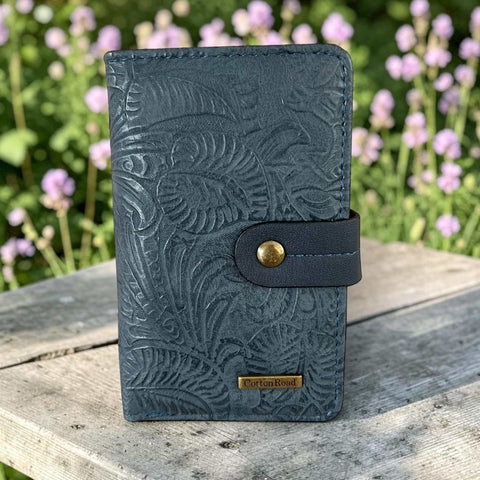 Cotton Road Wallet Medium Blue Embossed PU Leather with Clip Closure and Botanical Design