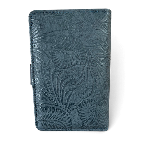 Cotton Road Wallet medium blue embossed PU leather with clip closure and botanical design