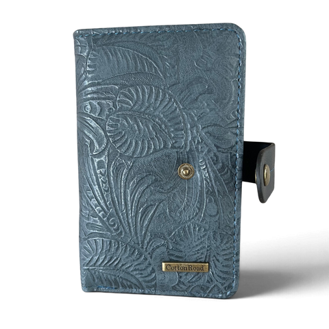 Cotton Road Wallet medium blue embossed PU leather wallet with clip closure and botanical design