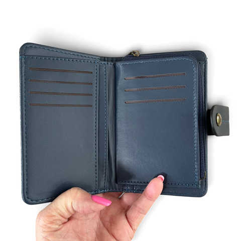 Cotton Road Wallet medium blue embossed PU leather with clip closure and botanical design