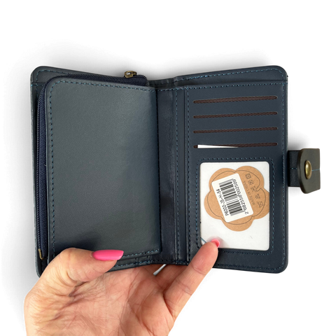 Cotton Road Medium Blue Embossed PU Leather Wallet with clip closure and botanical design