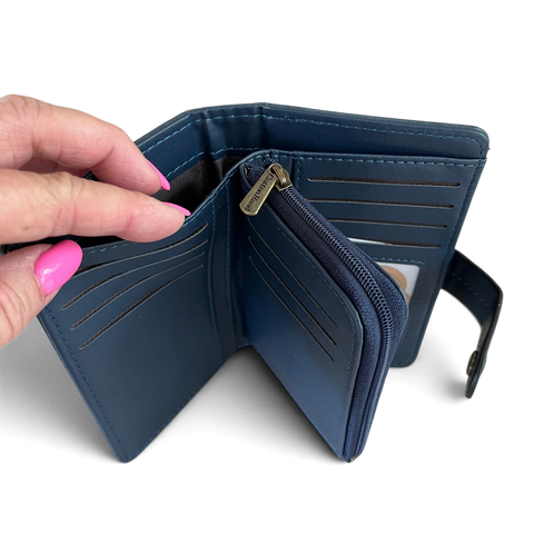 Cotton Road Wallet medium blue embossed PU leather with clip closure and card slots