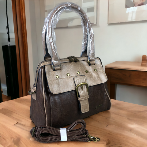 BROWN PU Leather Cotton Road Handbag with BUCKLE detailing