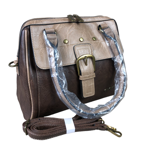 BROWN PU Leather Cotton Road Handbag with BUCKLE detailing
