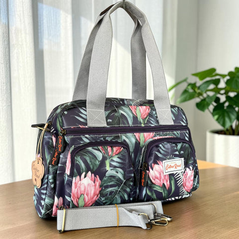 Cotton Road Handbag: BLUE PVC with PROTEAS for Everyday Use