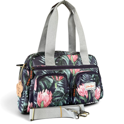Cotton Road Handbag: BLUE PVC with PROTEAS for Everyday Use