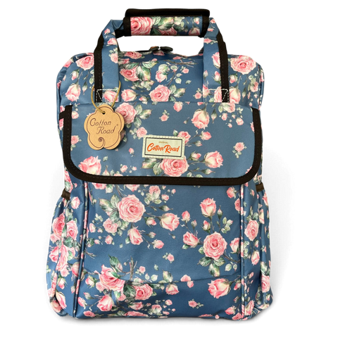 Cotton Road Backpack : BLUE FLORAL PVC Laptop Bag with TWIN HANDLES