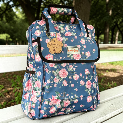 Cotton Road Backpack : BLUE FLORAL PVC Laptop Bag with TWIN HANDLES