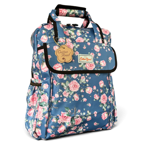 Cotton Road Backpack : BLUE FLORAL PVC Laptop Bag with TWIN HANDLES