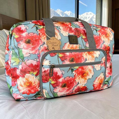 Cotton Road Travel Bag: BLUE FLORAL PVC Foldaway WEEKENDER