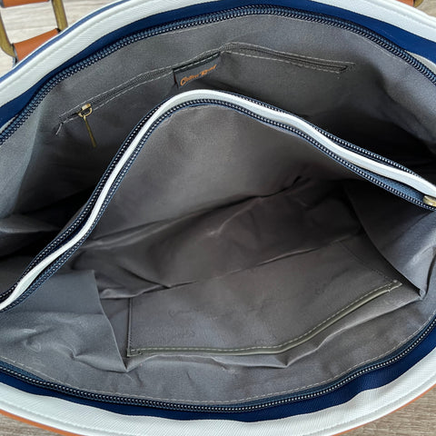 Cotton Road Handbag: NAVY BLUE and WHITE PVC with STRIPES and TAN Trim
