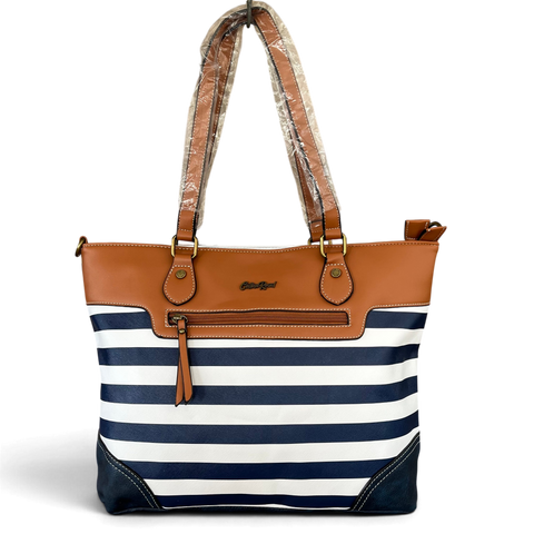 Cotton Road Handbag: NAVY BLUE and WHITE PVC with STRIPES and TAN Trim