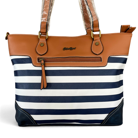 Cotton Road Handbag: NAVY BLUE and WHITE PVC with STRIPES and TAN Trim