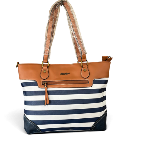 Cotton Road Handbag: NAVY BLUE and WHITE PVC with STRIPES and TAN Trim