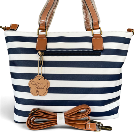 Cotton Road Handbag: NAVY BLUE and WHITE PVC with STRIPES and TAN Trim