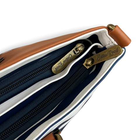 Cotton Road Handbag: NAVY BLUE and WHITE PVC with STRIPES and TAN Trim