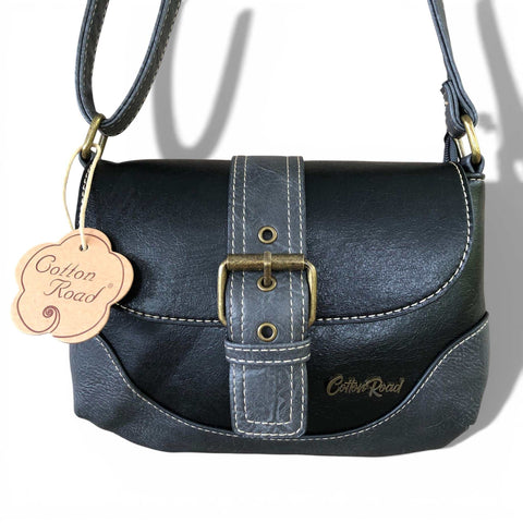 Black Cotton Road Sling Bag in PU leather with buckle clip and adjustable strap