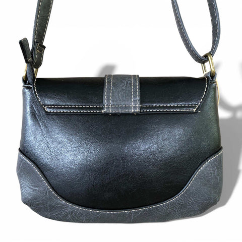 Black Cotton Road Sling Bag in PU leather with buckle clip and adjustable strap