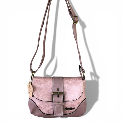 Pink PU leather Cotton Road Sling Bag with adjustable strap and buckle clip closure