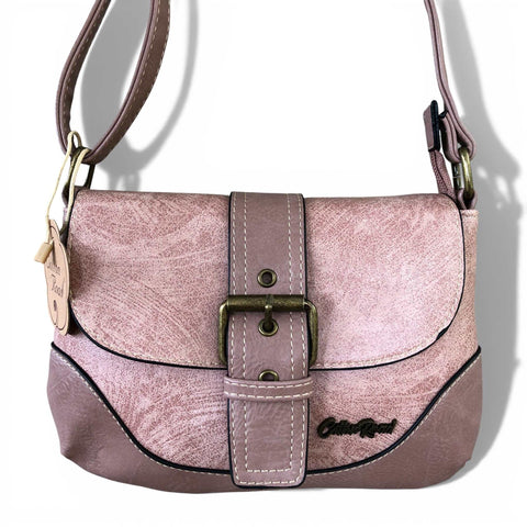 Pink Cotton Road Sling Bag in PU Leather with Buckle Clip close view