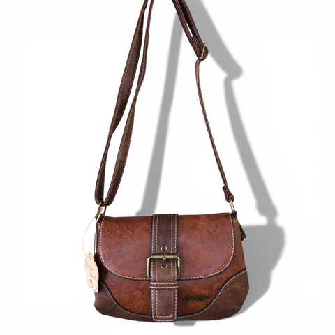 Cotton Road Sling Bag: BROWN PU Leather Sling Bag with BUCKLE CLIP
