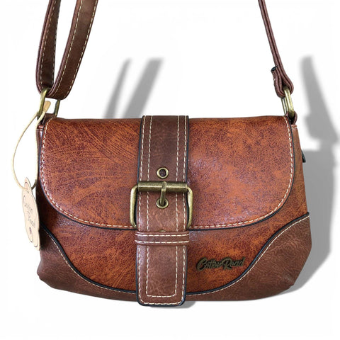 Cotton Road Sling Bag: BROWN PU Leather Sling Bag with BUCKLE CLIP