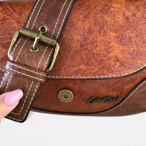 Cotton Road Sling Bag: BROWN PU Leather Sling Bag with BUCKLE CLIP
