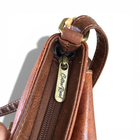 Cotton Road Sling Bag: BROWN PU Leather Sling Bag with BUCKLE CLIP