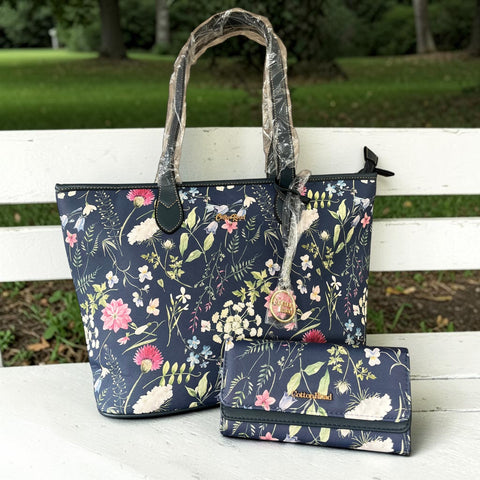 Cotton Road Handbag: BLUE PU LEATHER with FLORAL Panel and Matching Wallet