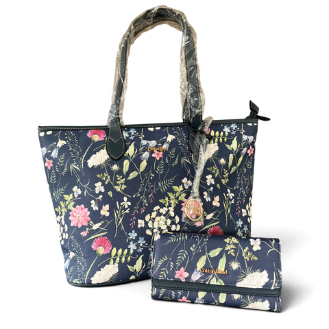 Cotton Road Handbag: BLUE PU LEATHER with FLORAL Panel and Matching Wallet