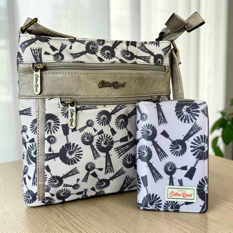 Cotton Road Sling Bag: Grey Canvas Windmill design with Matching Wallet