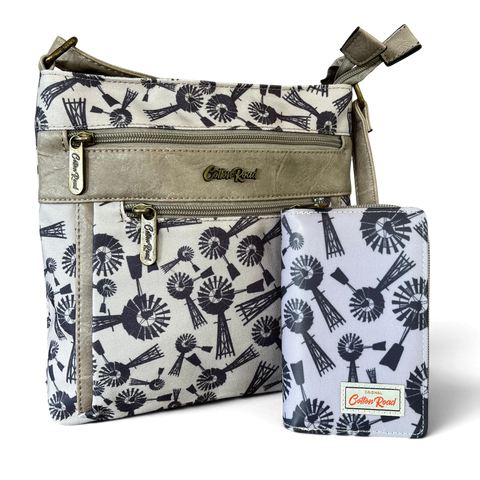 Cotton Road Sling Bag: Grey Canvas Windmill design with Matching Wallet