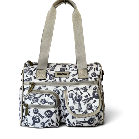 Cotton Road Handbag: Grey Canvas with Windmills Design for Everyday Use