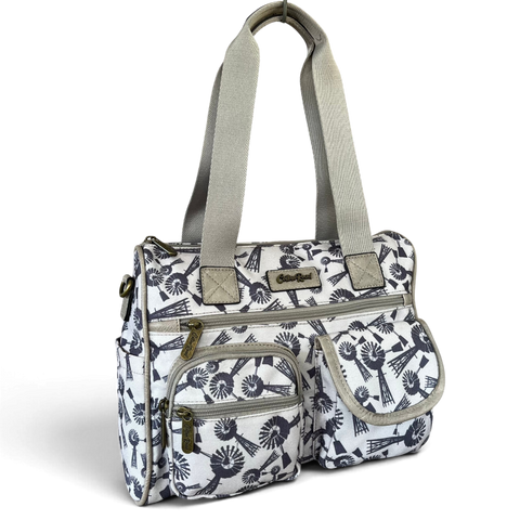 Cotton Road Handbag: Grey Canvas with Windmills Design for Everyday Use