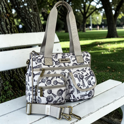 Cotton Road Handbag: Grey Canvas with Windmills Design for Everyday Use