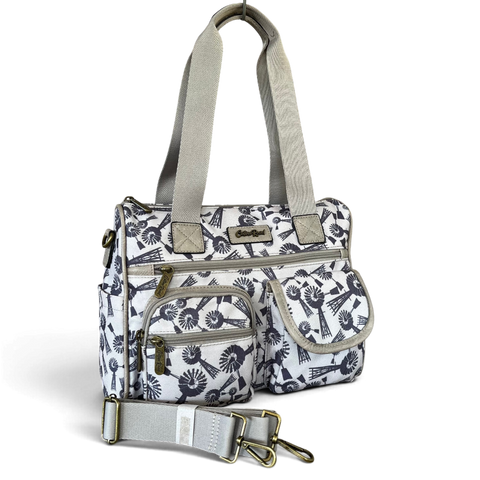 Cotton Road Handbag: Grey Canvas with Windmills Design for Everyday Use