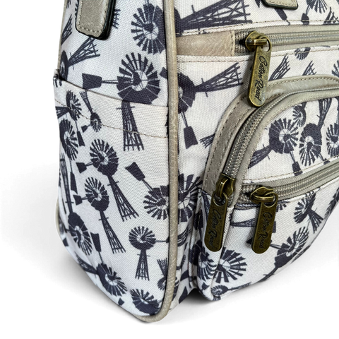 Cotton Road Handbag: Grey Canvas with Windmills Design for Everyday Use