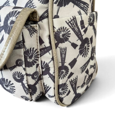 Cotton Road Handbag: Grey Canvas with Windmills Design for Everyday Use